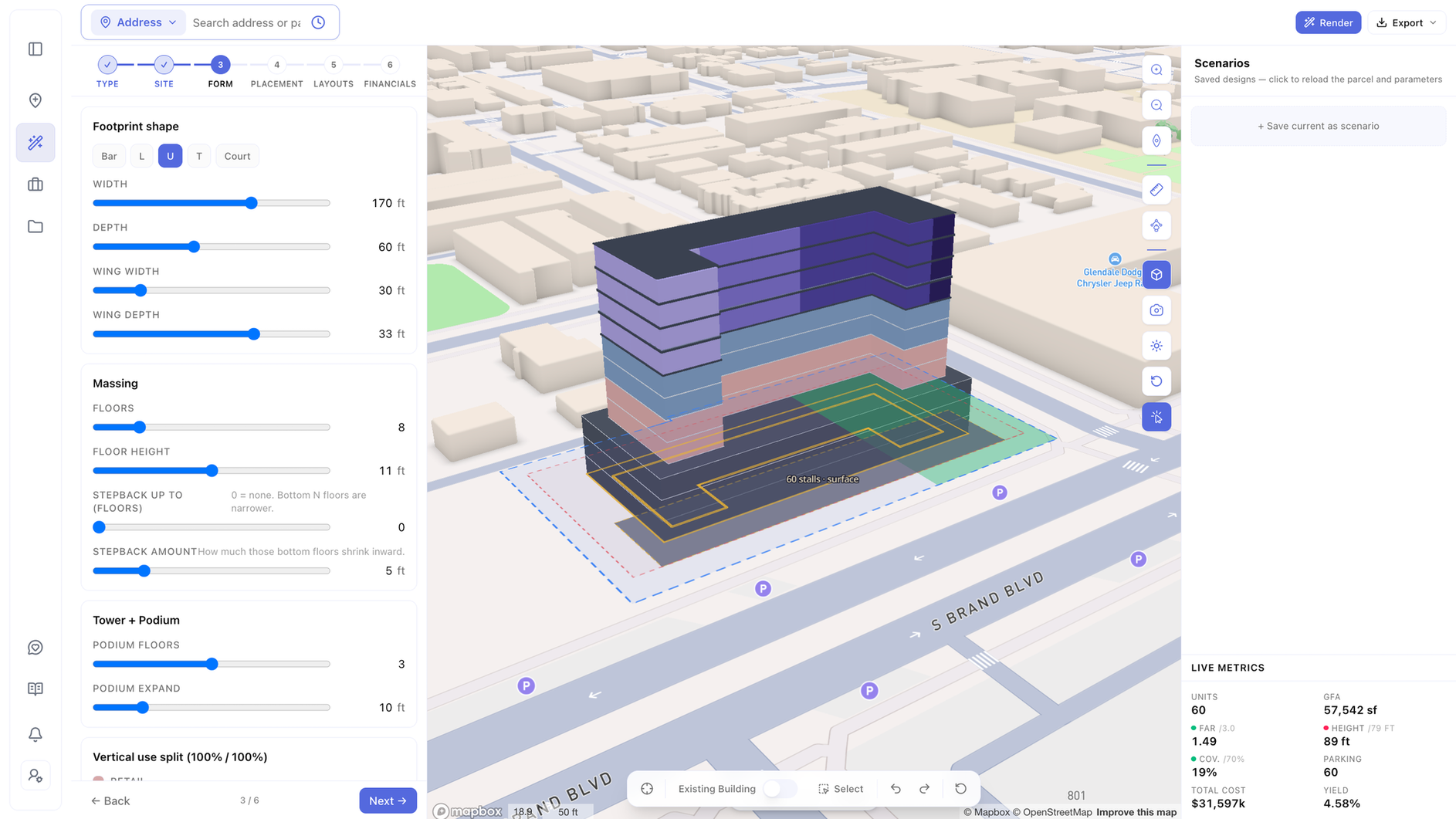 ArchiWise AI Visualizer showing a building massing in 3D on a real parcel, with footprint, floor and setback controls and live project metrics