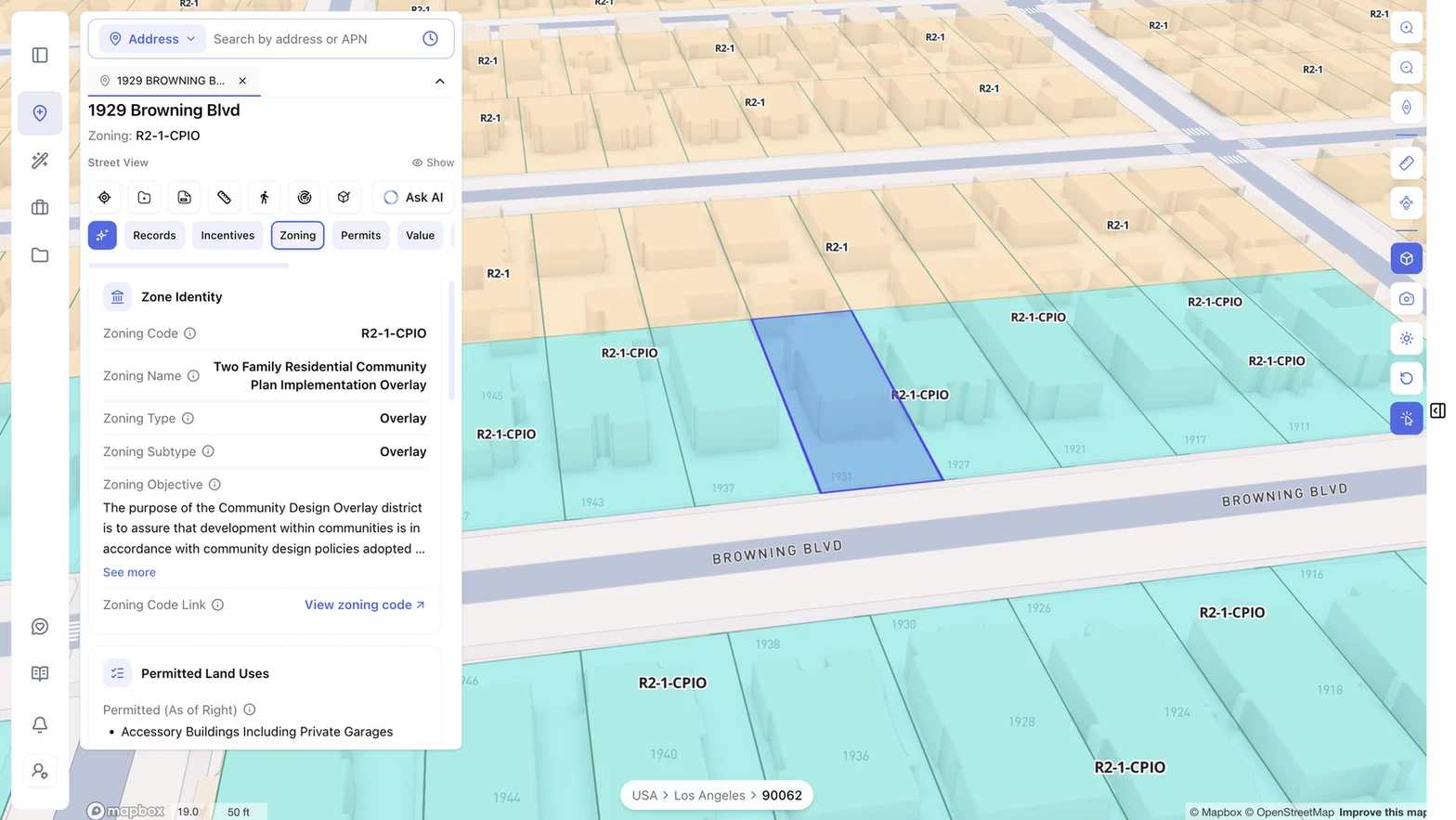 ArchiWise Zoning tab showing Zone Identity for an R2-1-CPIO parcel with zoning code, name, overlay type and permitted land uses
