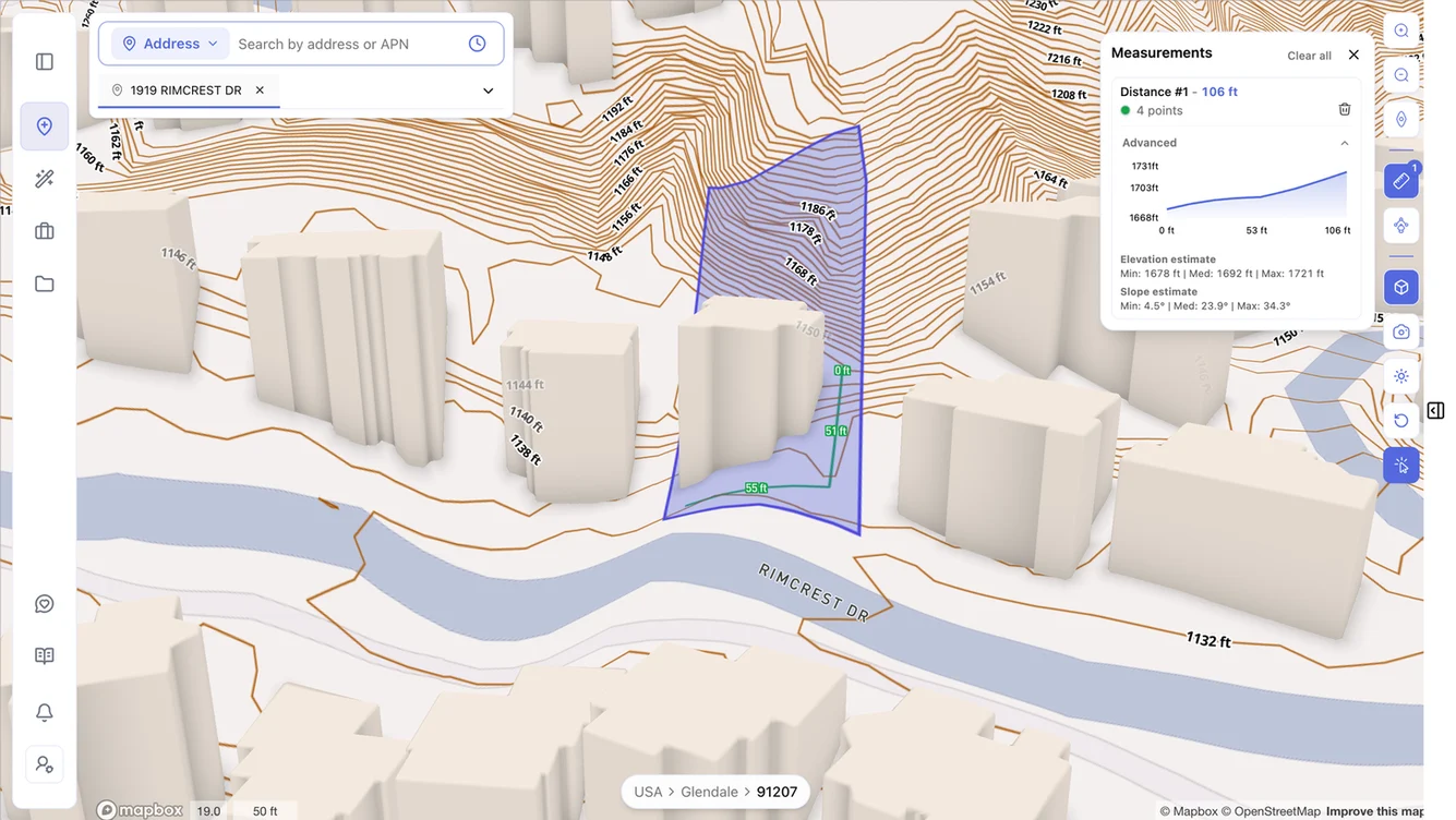 ArchiWise 2-foot contour lines across a hillside parcel with an elevation and slope measurement along a drawn line