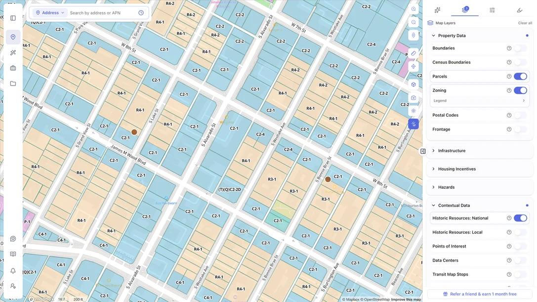 ArchiWise map with the zoning layer on and parcel boundaries still visible, alongside the map layers panel
