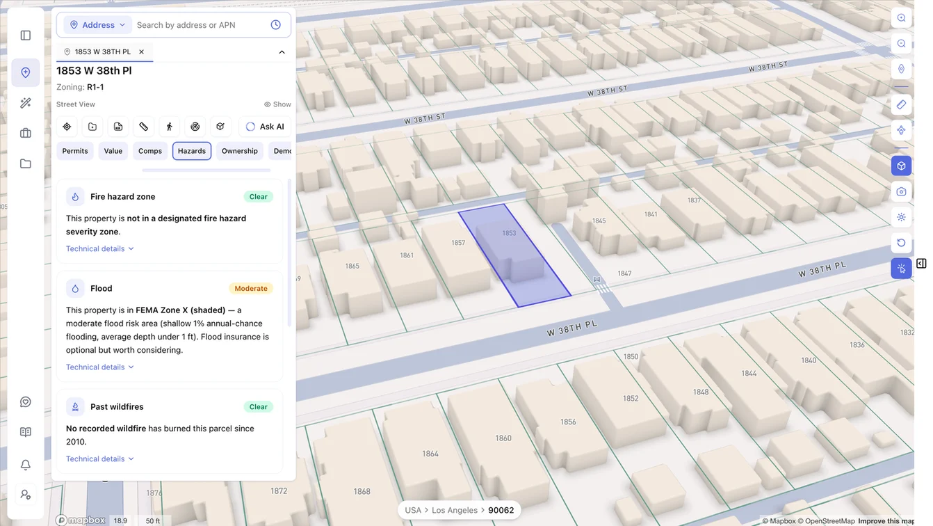 ArchiWise Hazards tab showing fire hazard, flood and past wildfire cards rated Clear or Moderate with plain-language explanations