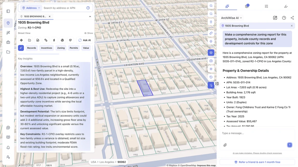 ArchiWise AI generating a zoning report for a parcel, with property and ownership details and key insights alongside